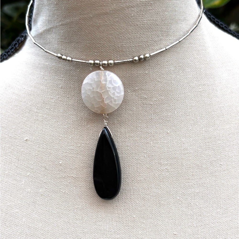 Choker Necklace with White Druzy Disc and Black Teardrop Pendant